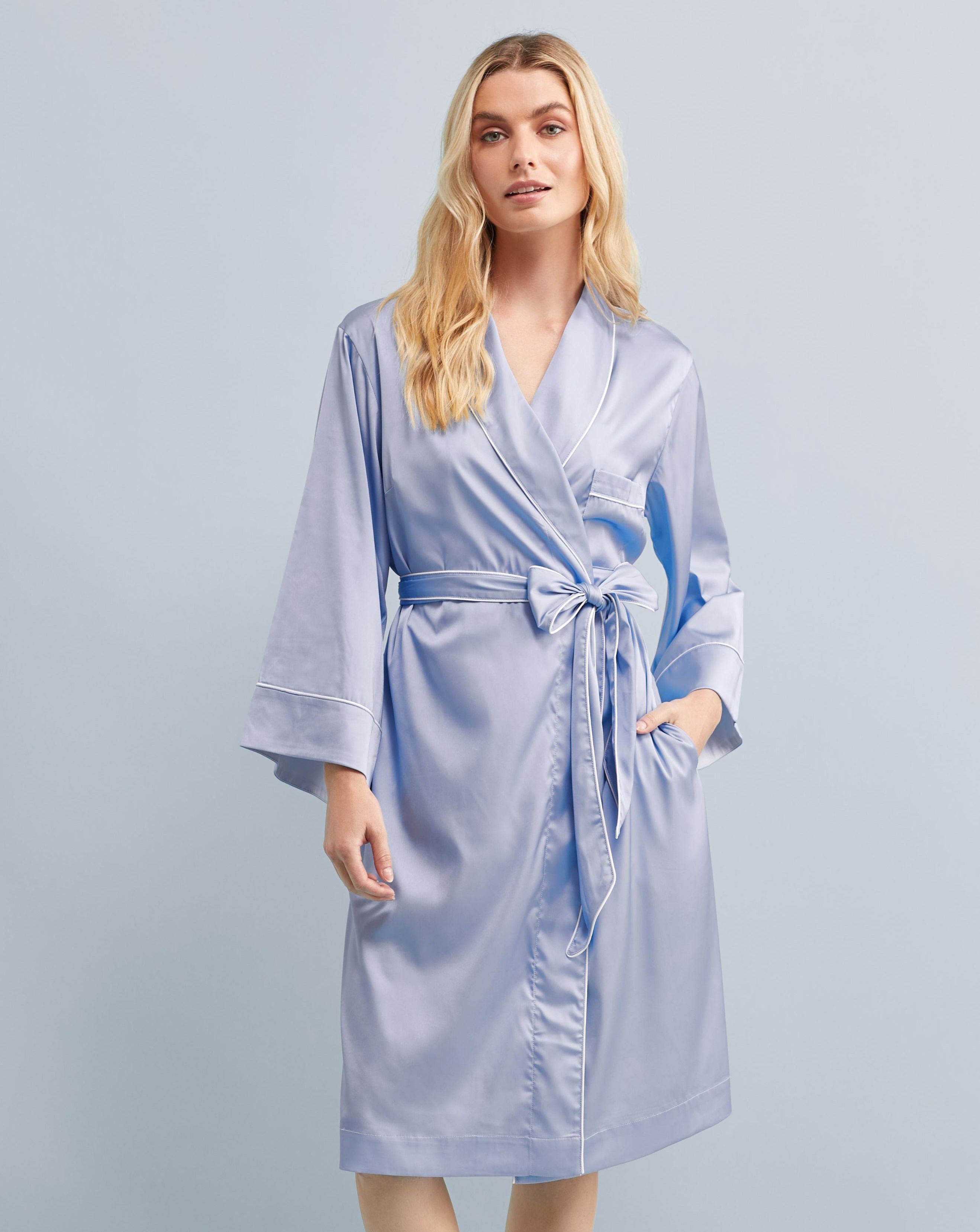 Halston X Homebodii Cleveland Luxury Satin Robe Eggshell Blue | Homebodii