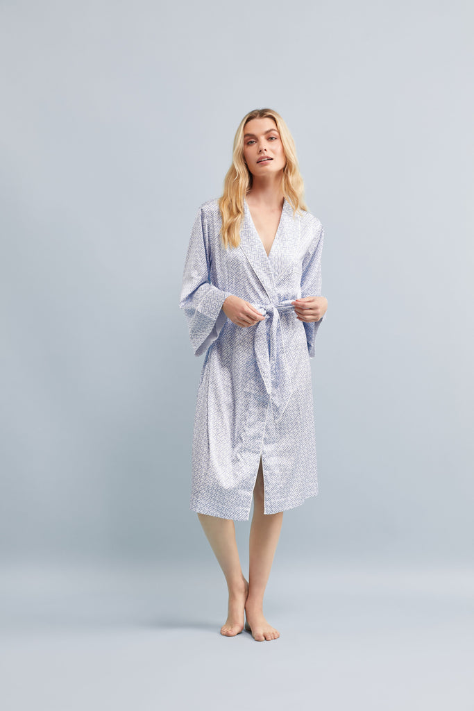 Halston X Homebodii Cleveland Robe In Luxury Satin Hh Print  Eggshell Blue | Homebodii