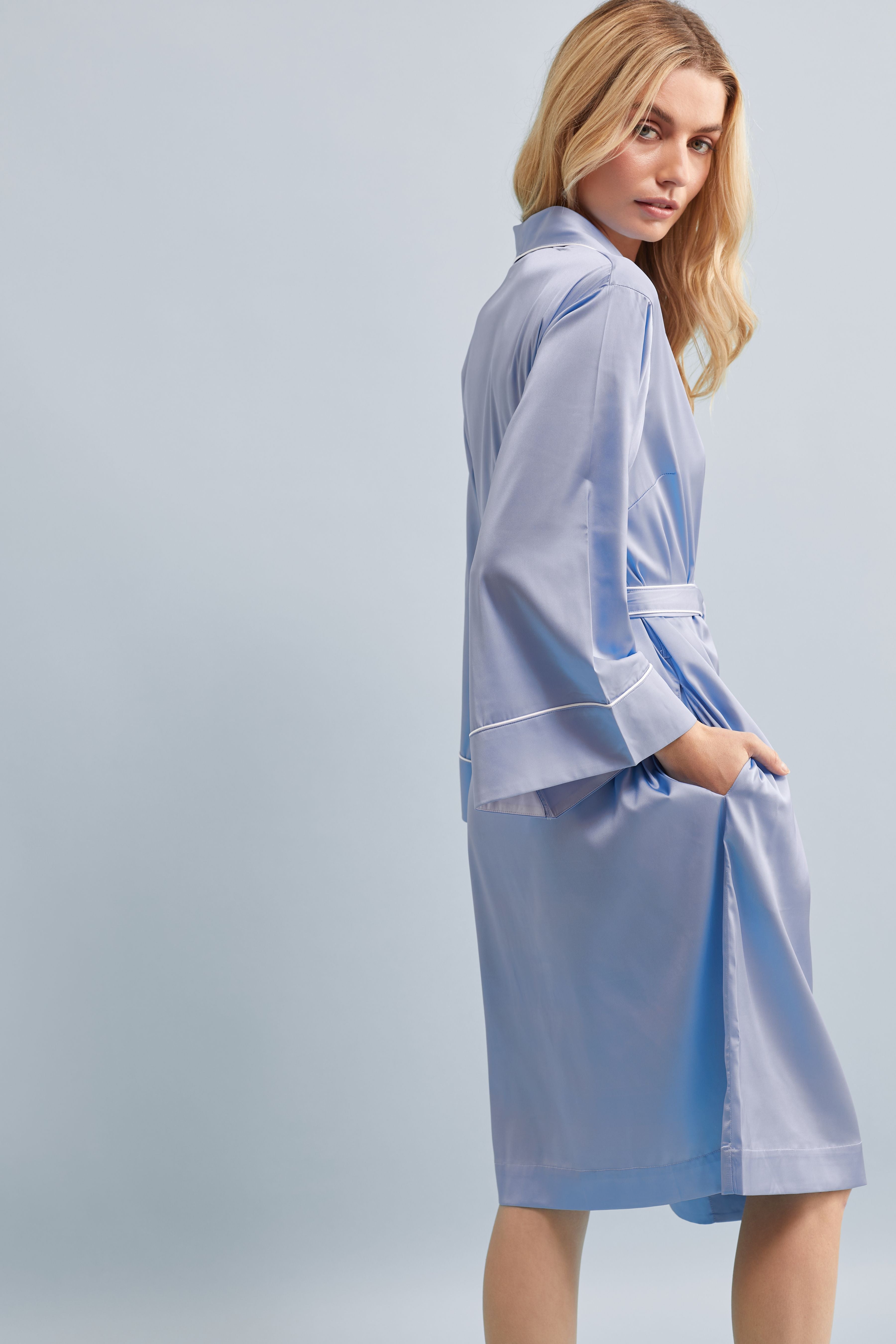 Halston X Homebodii Cleveland Luxury Satin Robe Eggshell Blue | Homebodii