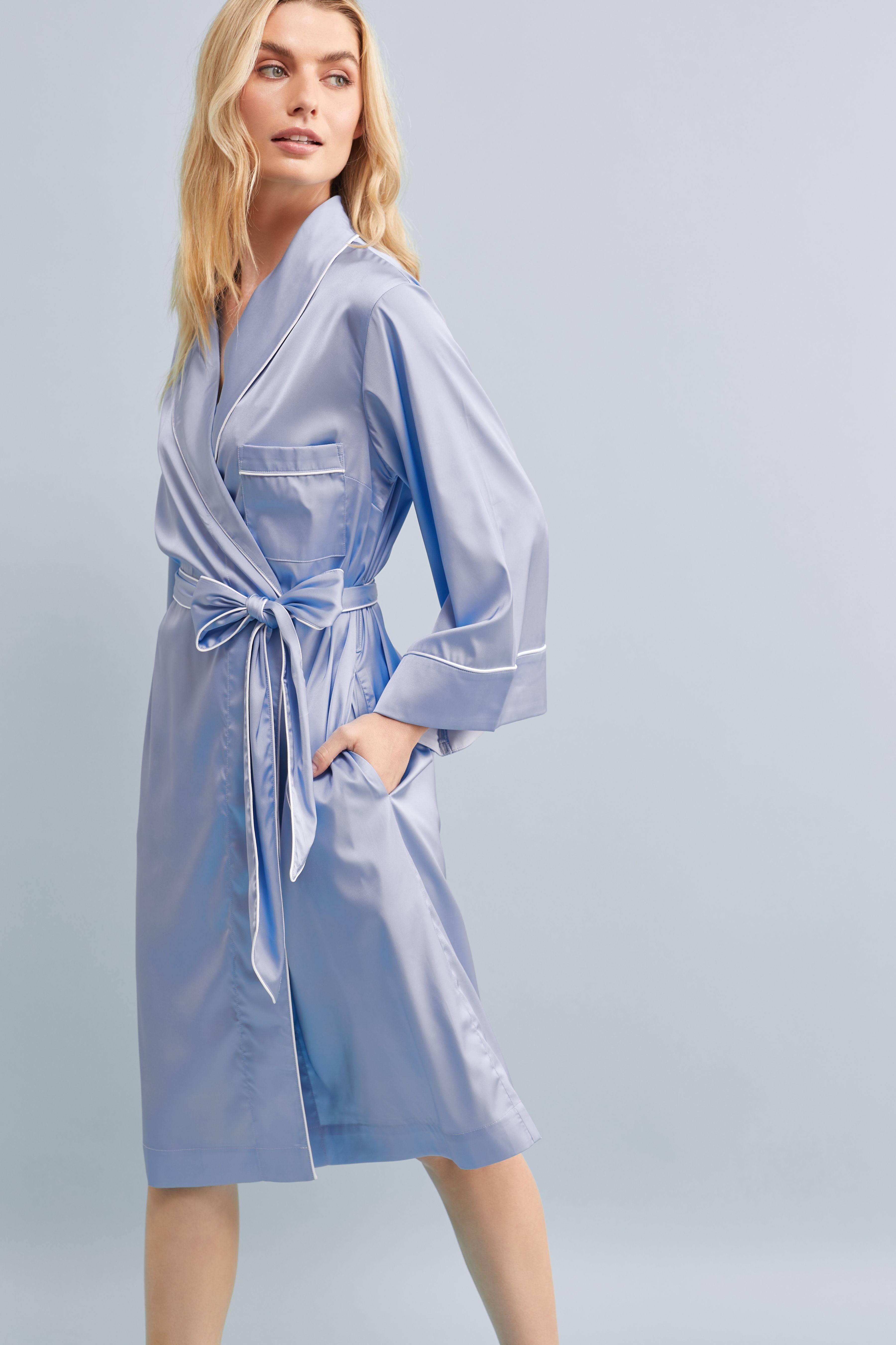Halston X Homebodii Cleveland Luxury Satin Robe Eggshell Blue | Homebodii
