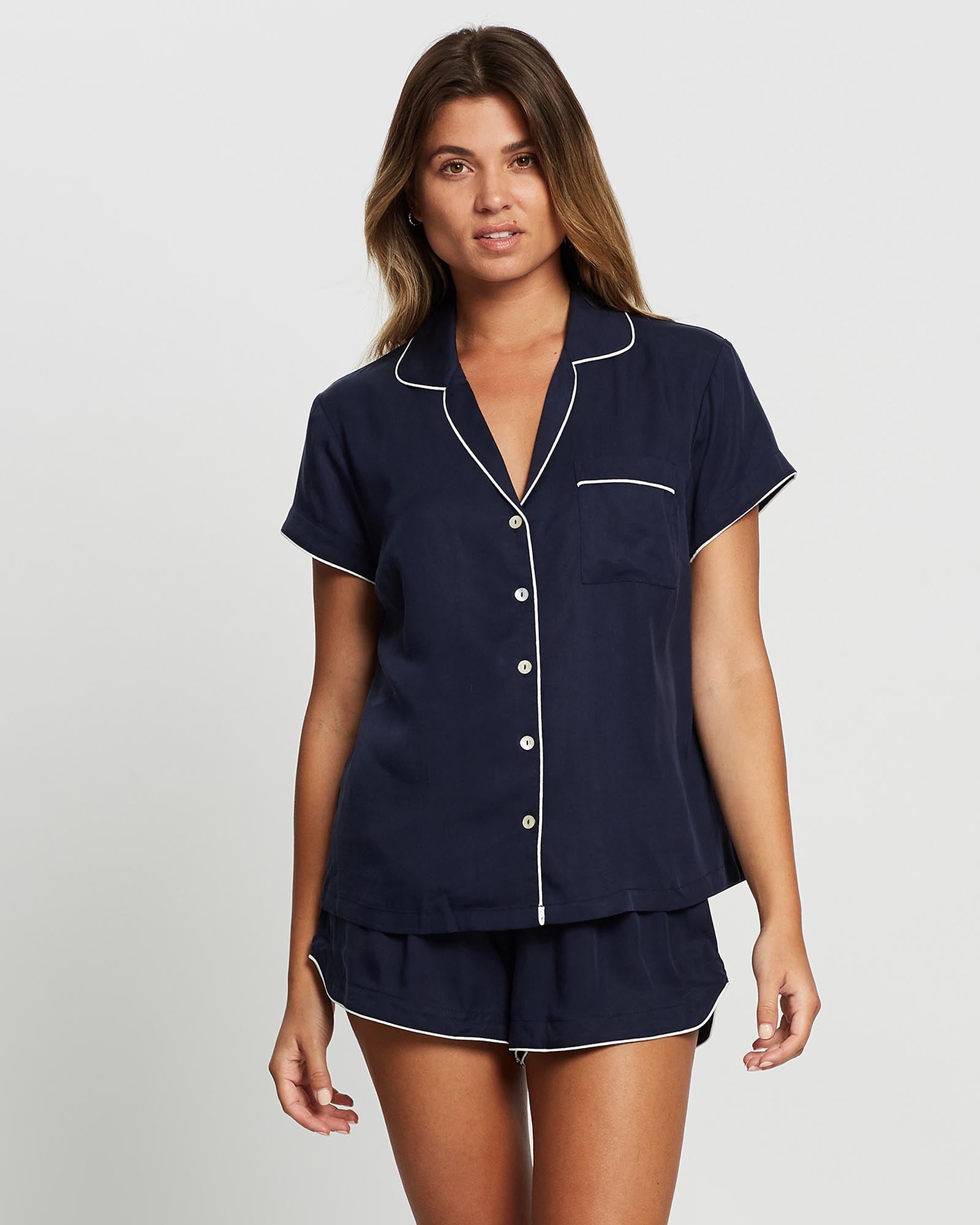 Eva Short Tencel™ Womens Personalised Pyjama Set Navy With White Piping | Homebodii