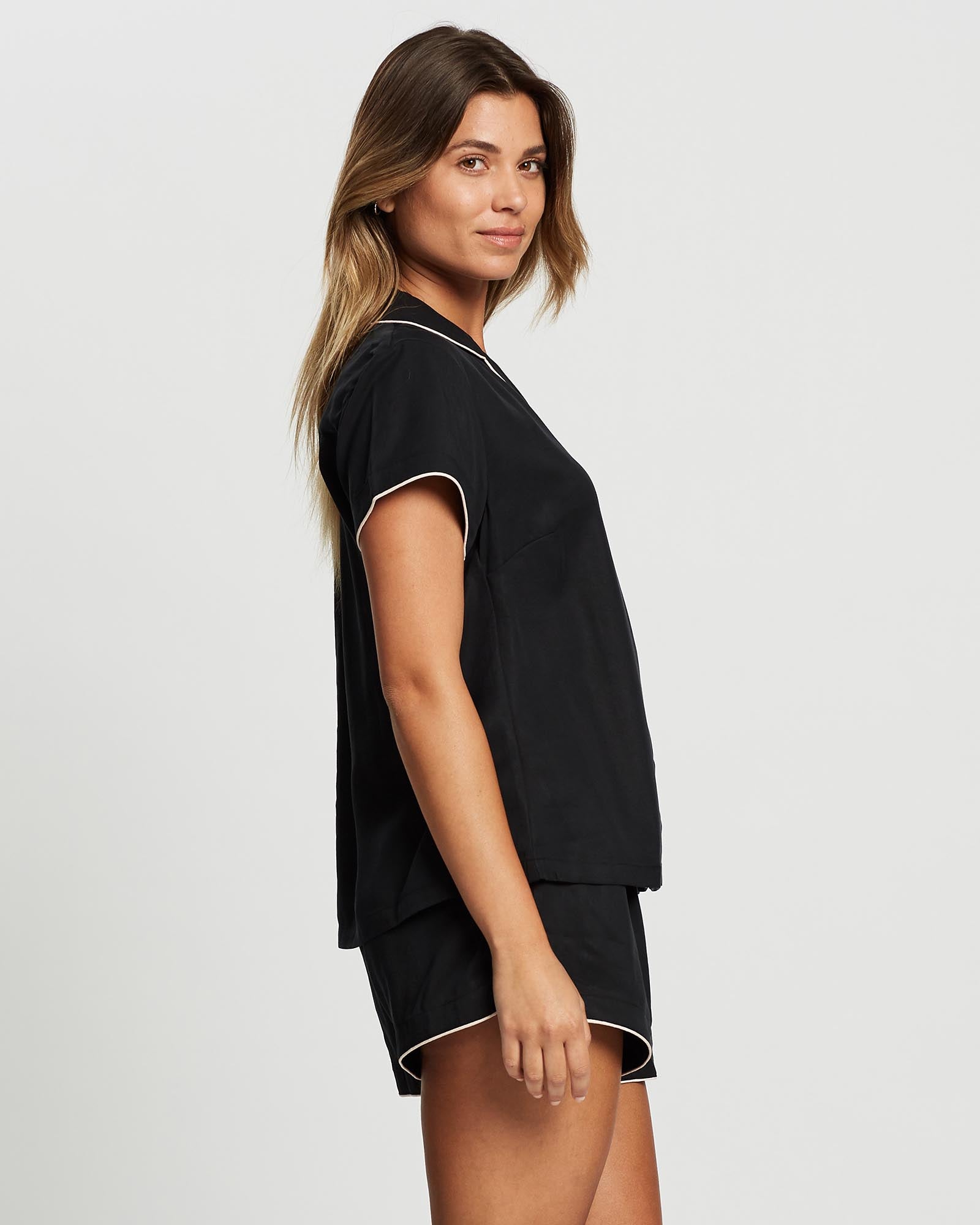 Eva Short Tencel™ Womens Personalised Pyjama Set Black With Blush Piping | Homebodii