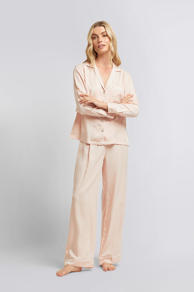 Eva Long Tencel™ Womens Personalised Pyjama Set  Blush With White Piping | Homebodii