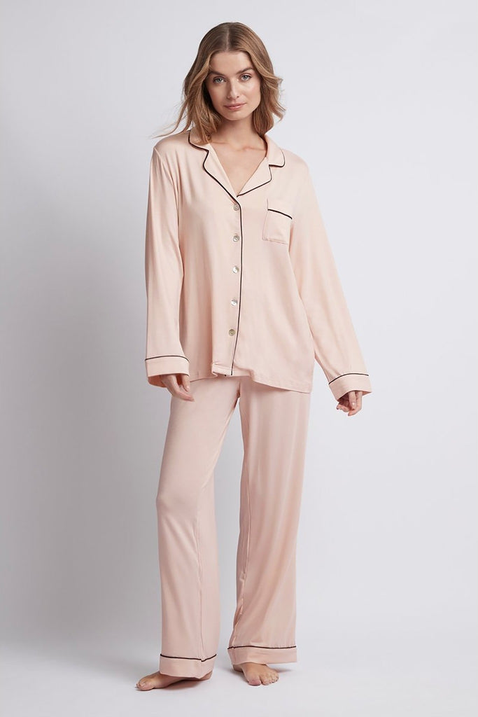 Petra Womens Tencel™ Modal Personalised Long Pyjama Set Blush with Black piping | Homebodii