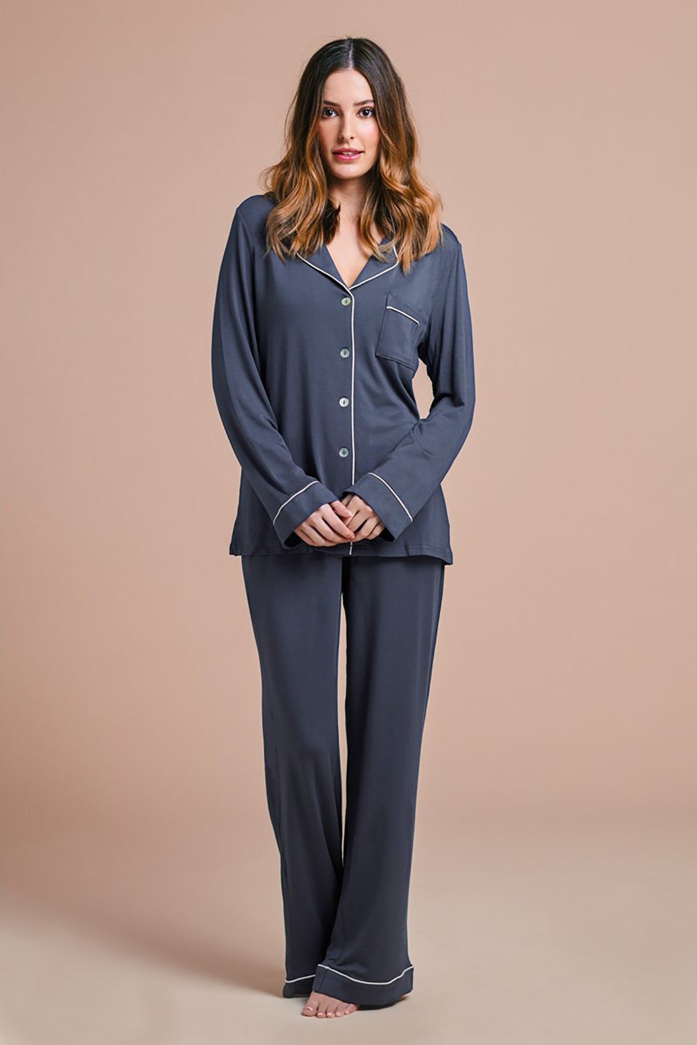 Petra Womens Tencel™ Modal Personalised Long Pyjama Set Charcoal with Blush | Homebodii