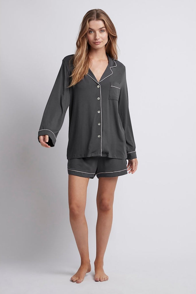 Petra Modal Womens Long Sleeve with Short Pyjama Set - Charcoal with Blush Piping | Homebodii AU.