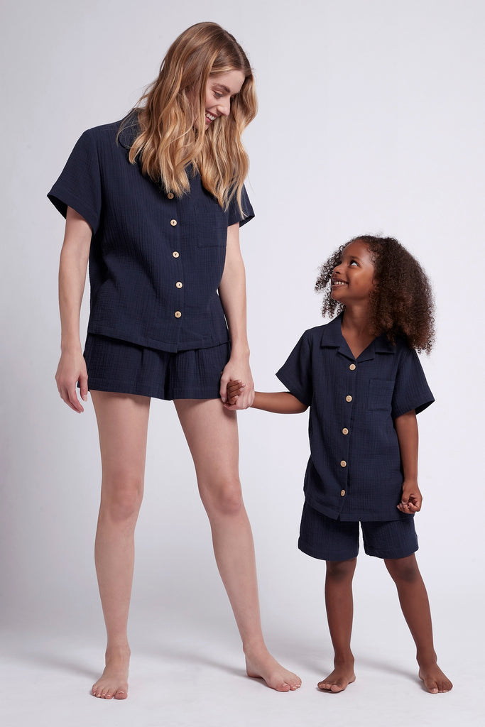 Piper Bubble Cotton Women's Short Pyjama Set - Navy | Homebodii AU.