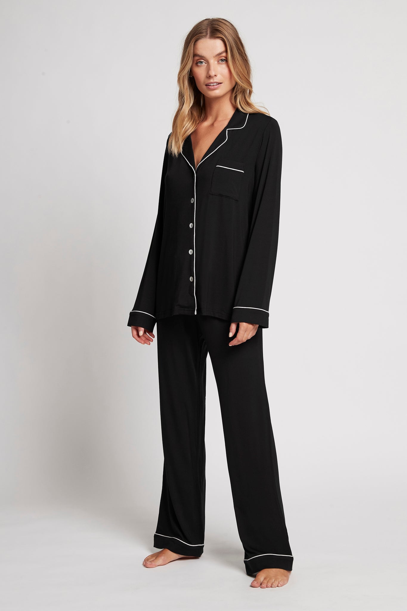 Petra Womens Tencel™ Modal Personalised Pyjama Lounge Set Black With Blush Piping | Homebodii