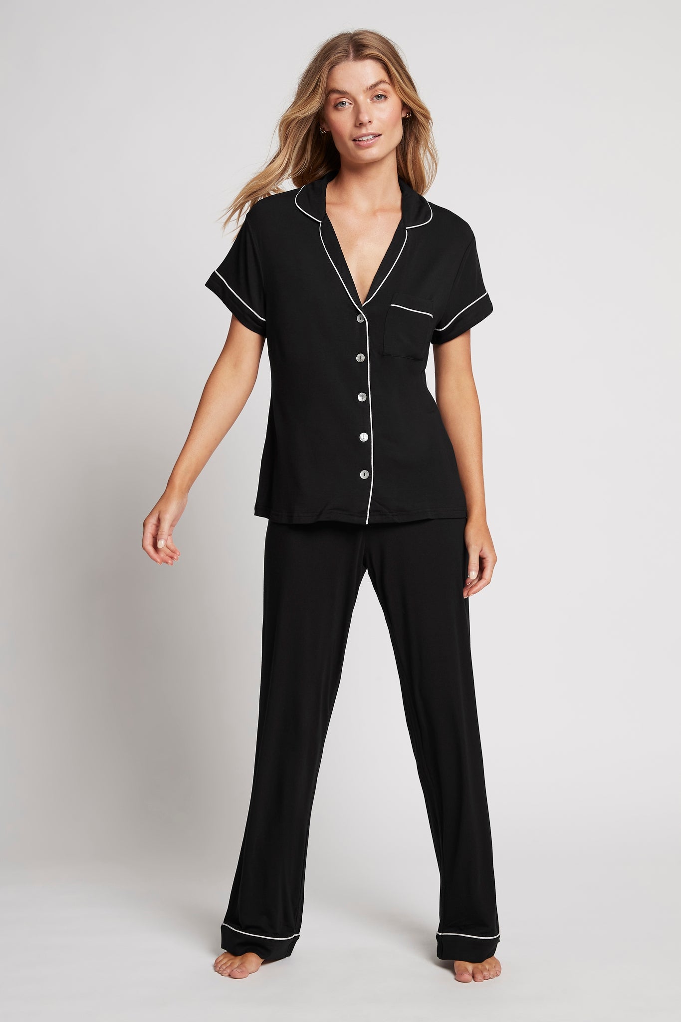 Petra Womens Tencel™ Modal Personalised Short Sleeve With Long Pant Pyjama Set Black With Blush Piping | Homebodii
