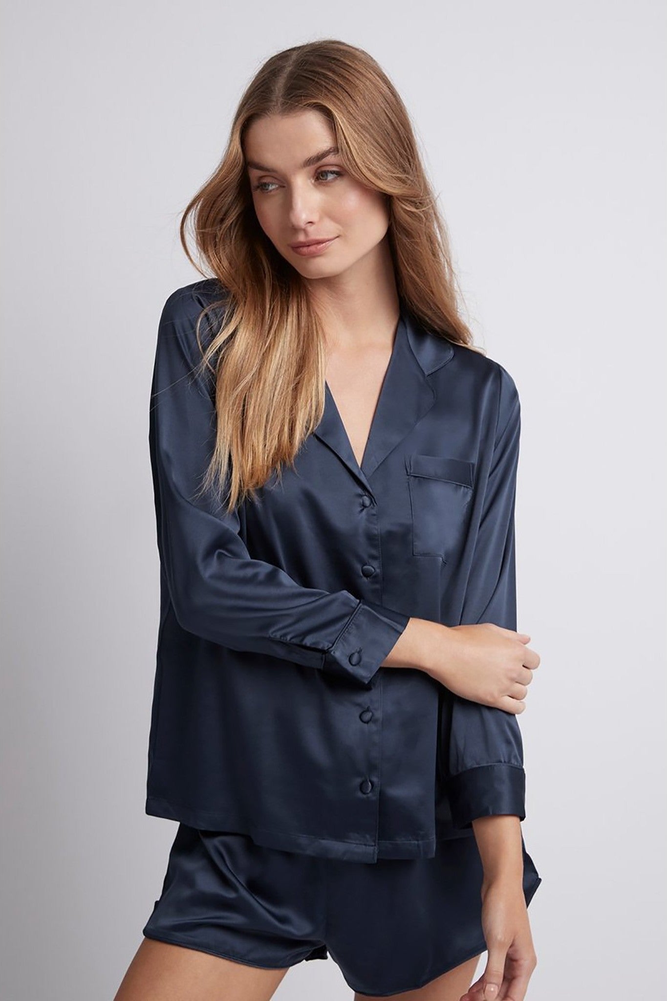 Toni Long Sleeve Satin Personalised Womens Pyjamas Navy | Homebodii