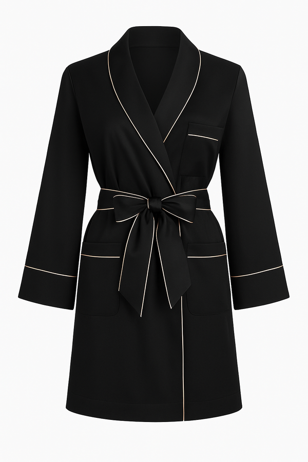 Robe with Matching Hair Scrunchie - Black with Dusty Rose Piping *Final Sale*