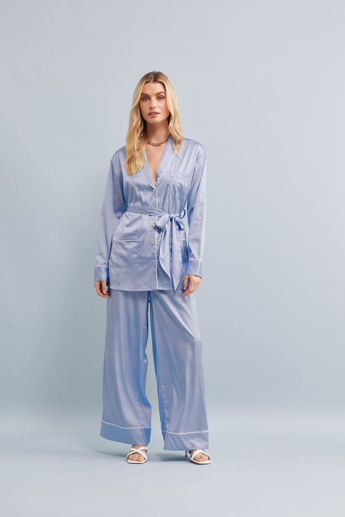 Halston X Homebodii Cleveland Luxury Satin Lounge Pyjama Set  Eggshell Blue | Homebodii
