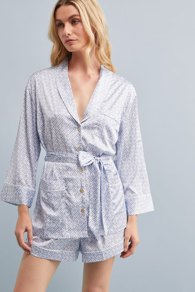 Halston X Homebodii Patricia Long Sleeve Pyjama Set In Luxury Satin Hh Print  Eggshell Blue | Homebodii