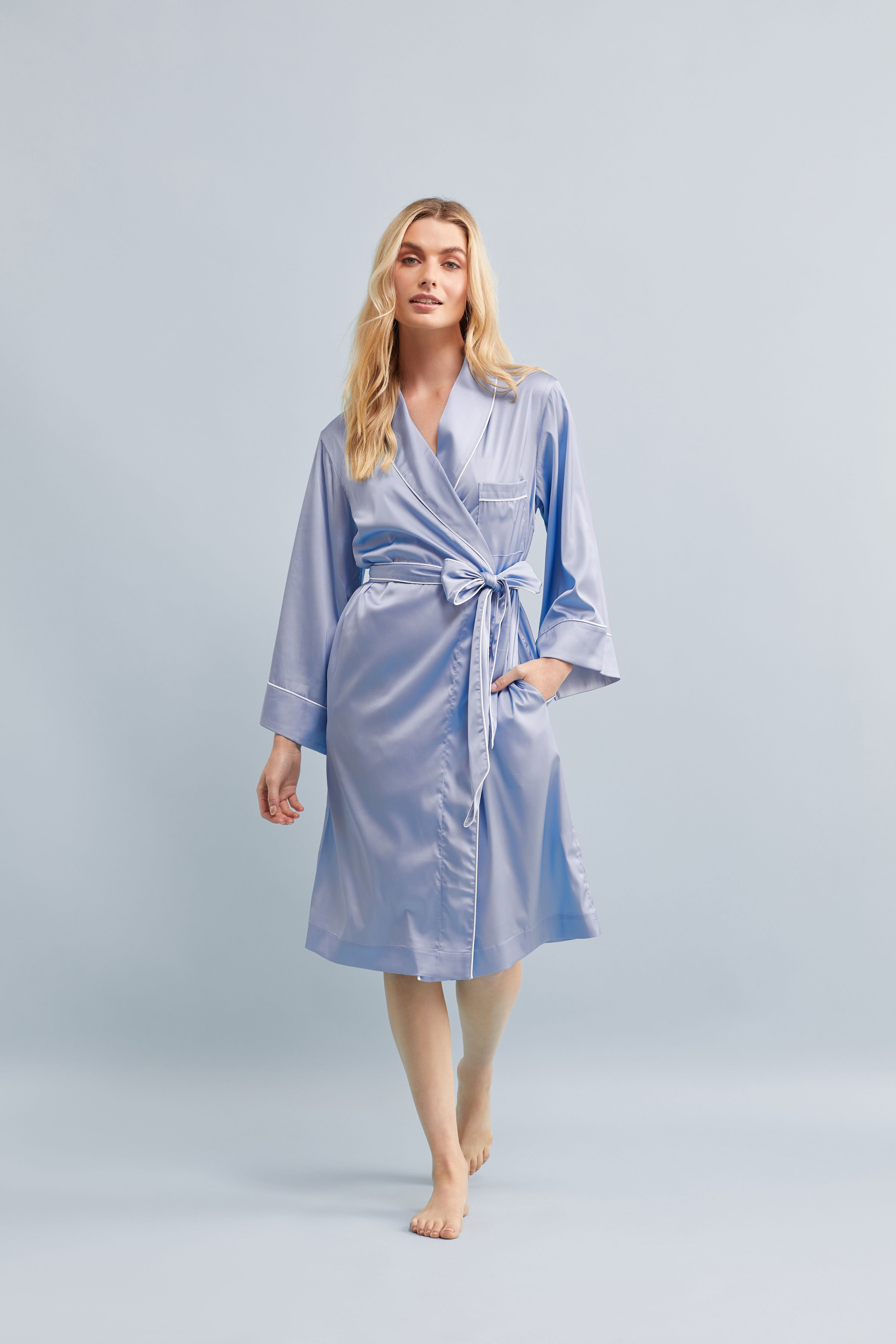 Halston X Homebodii Cleveland Luxury Satin Robe  Eggshell Blue | Homebodii