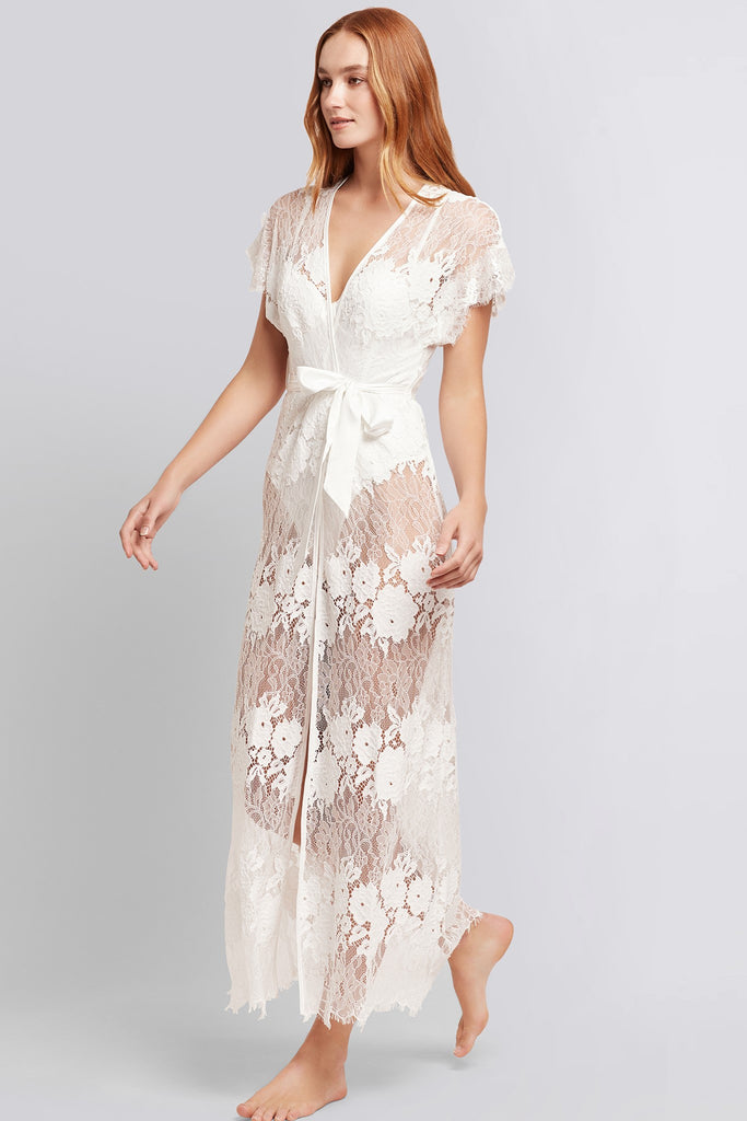 Amira Long Bridal Lace Robe | Homebodii