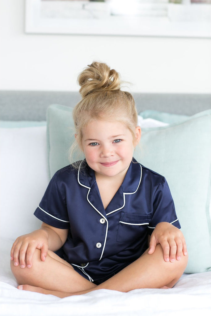 Grace Children Piping Satin Personalised Pyjama Set Navy | Homebodii