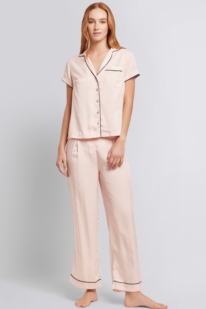 Eva Short Sleeve With Long Pant Tencel™ Womens Personalised Pyjama Set  Blush With Black Piping | Homebodii