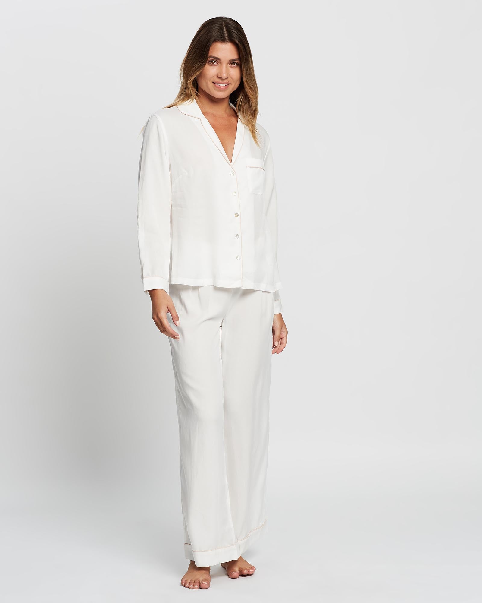 Eva Lounge Tencel™ Pyjama Set - White with Blush Piping