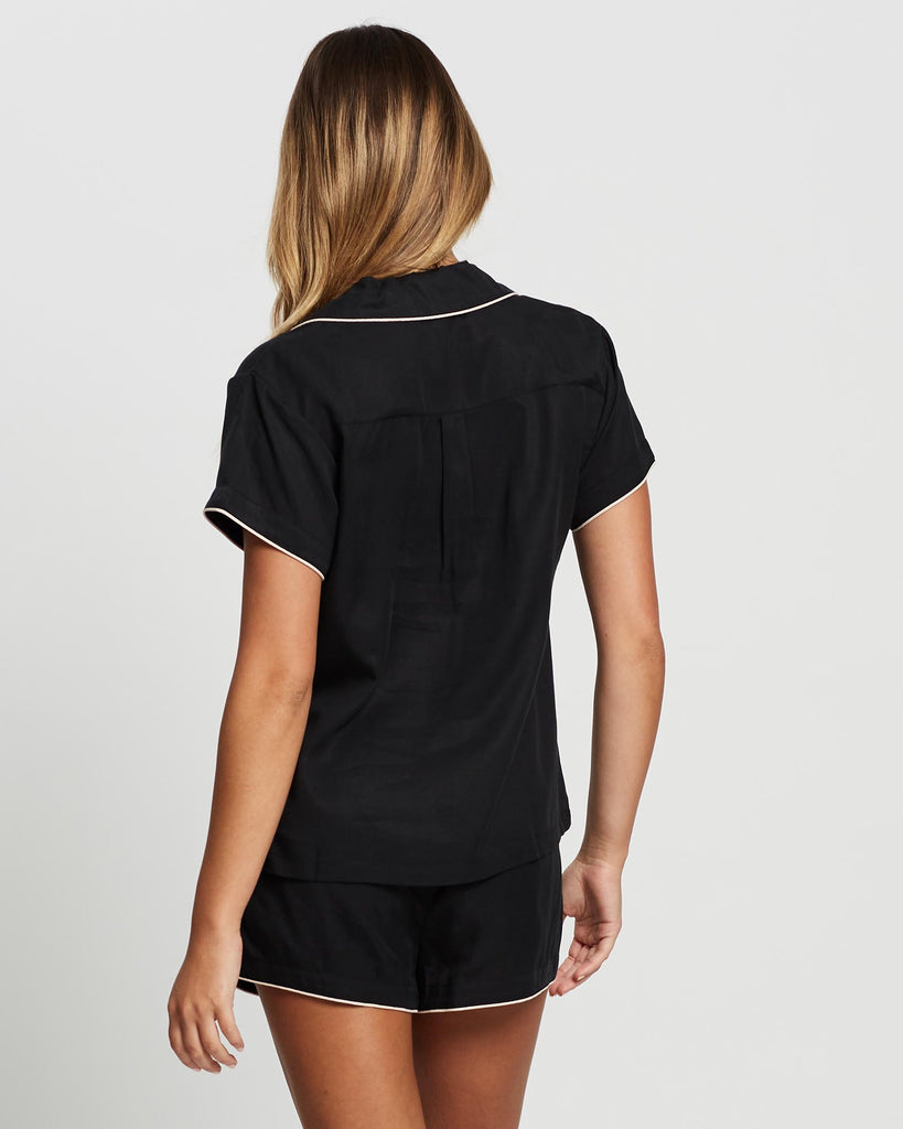 Eva Short Tencel™  Womens Personalised Pyjama Set  Black With Blush Piping | Homebodii