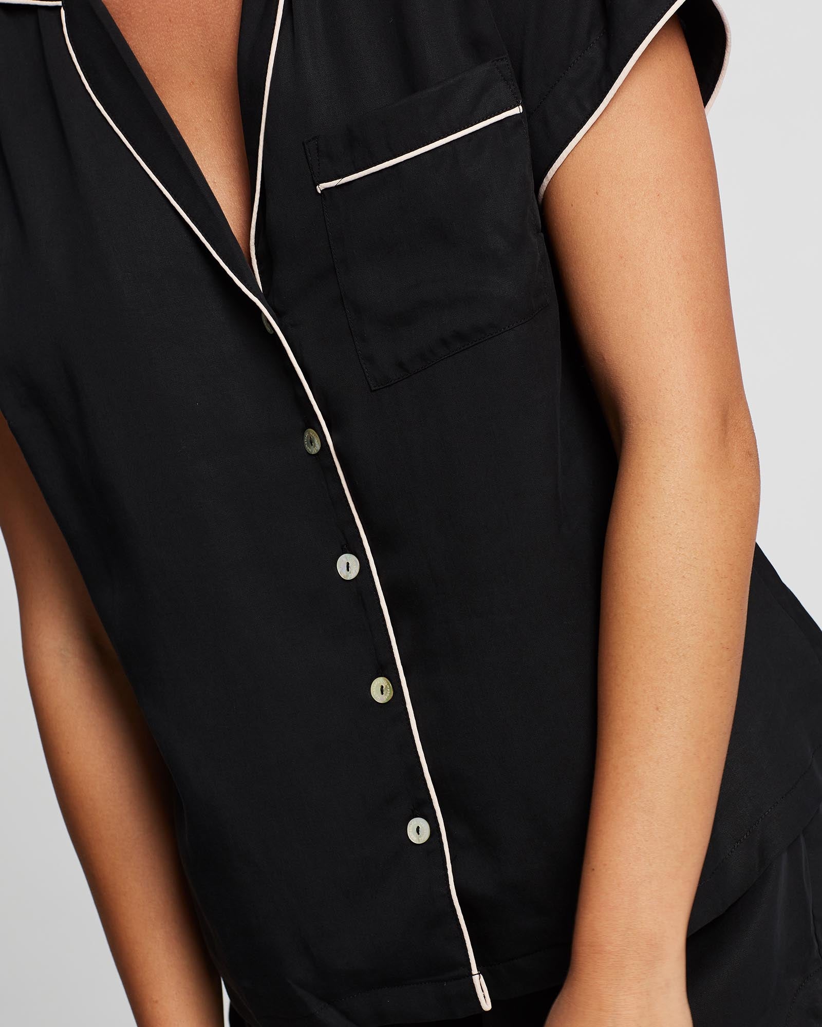 Eva Short Tencel™  Womens Personalised Pyjama Set  Black With Blush Piping | Homebodii