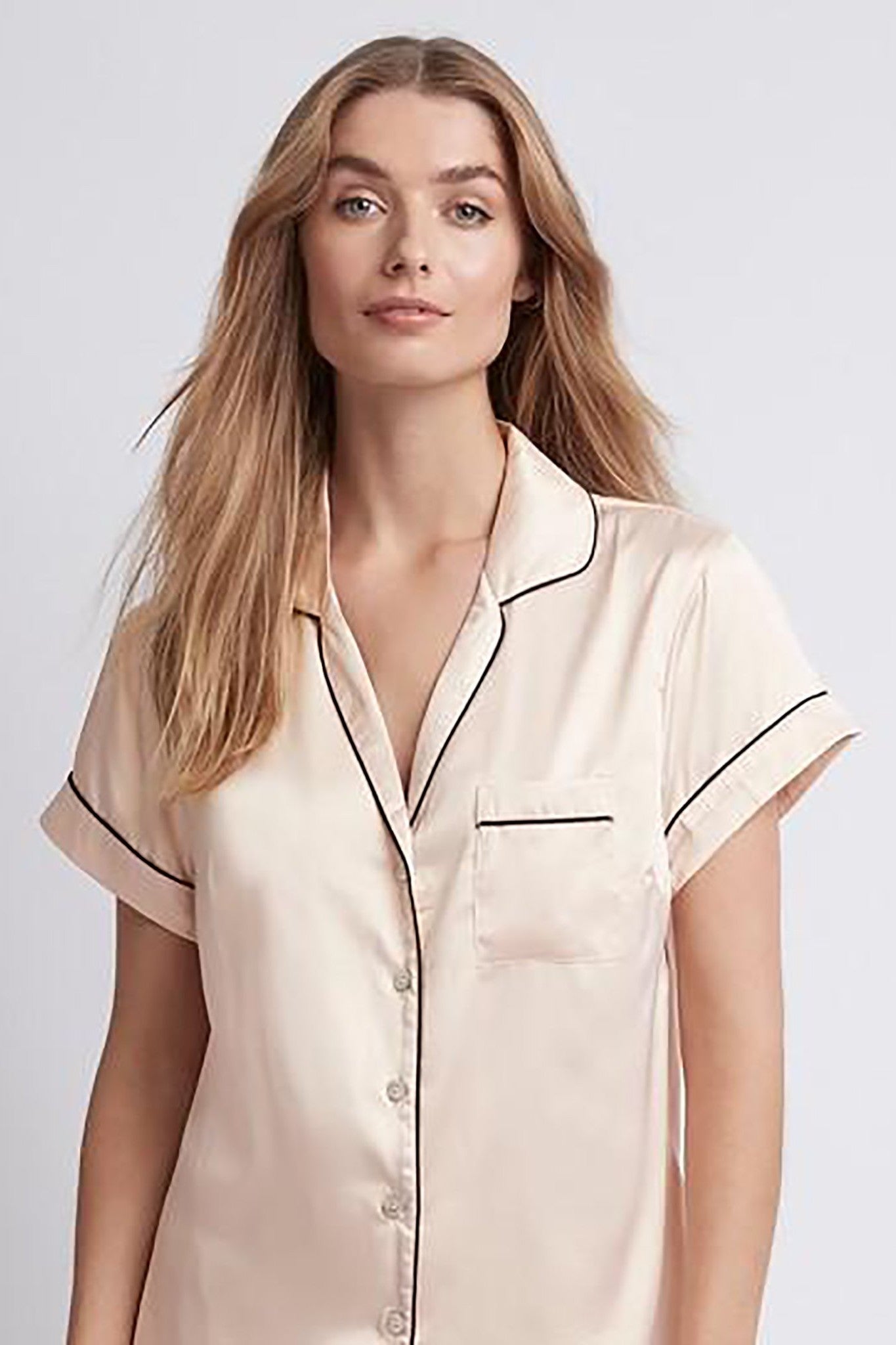 Grace Short Satin Personalised Pyjama set withBlush With Black Piping | Homebodii