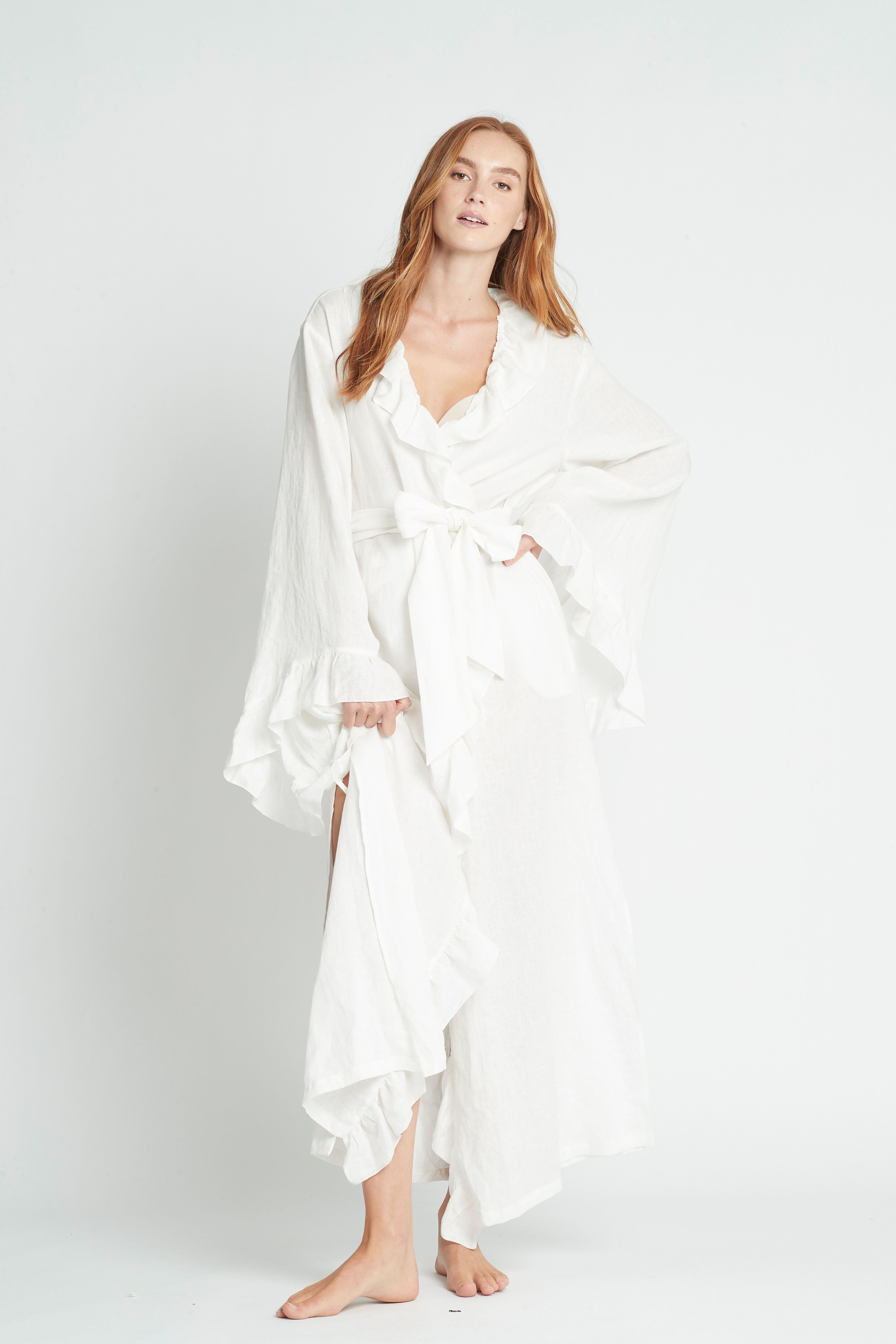 Avril Luxury Long Linen Frill Bridal Robe | Homebodii – Homebodii AU
