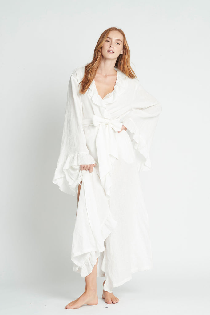 Avril Luxury Long Linen Frill Bridal Robe | Homebodii