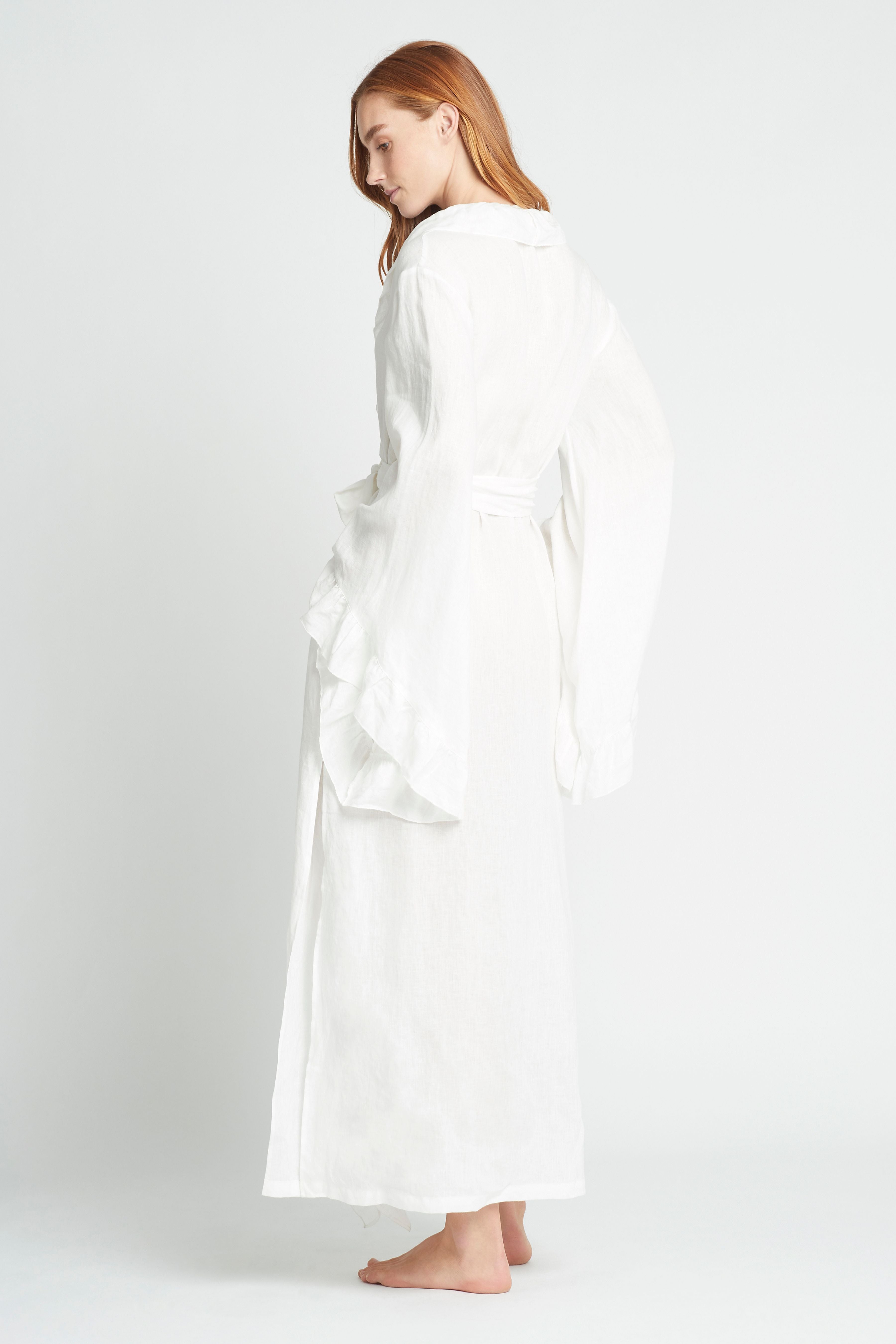 Avril Luxury Long Linen Frill Bridal Robe | Homebodii