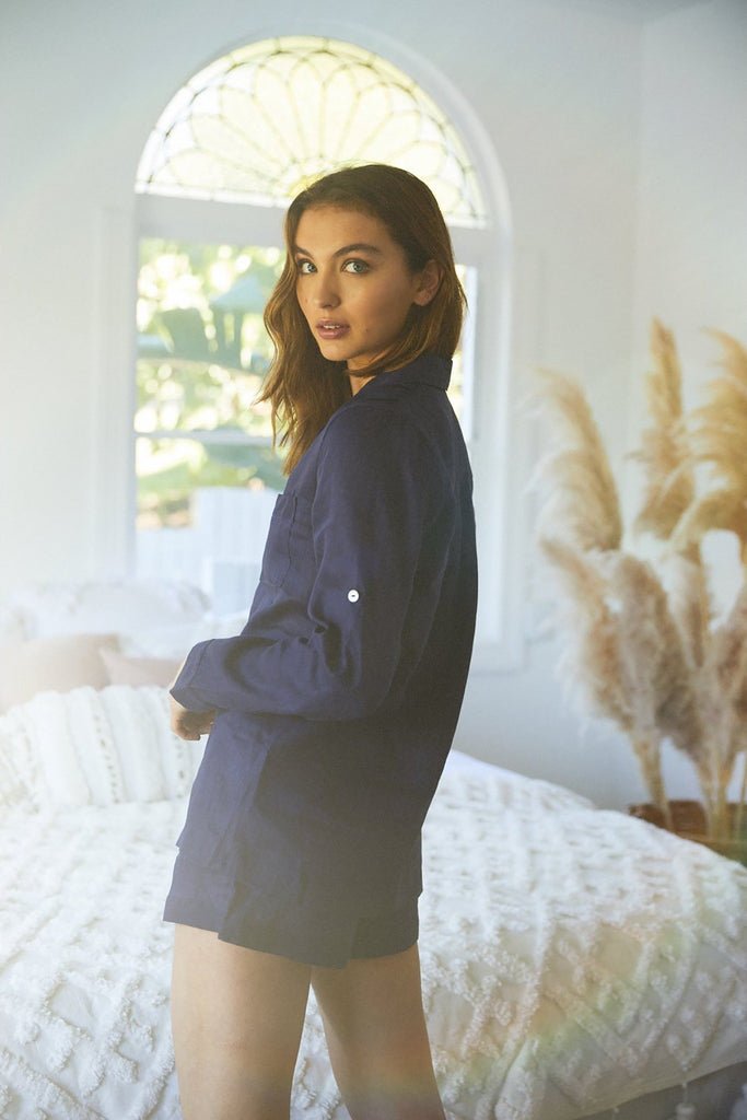 Linen Long Sleeve with Short Personalised Pyjama Set Navy | Homebodii