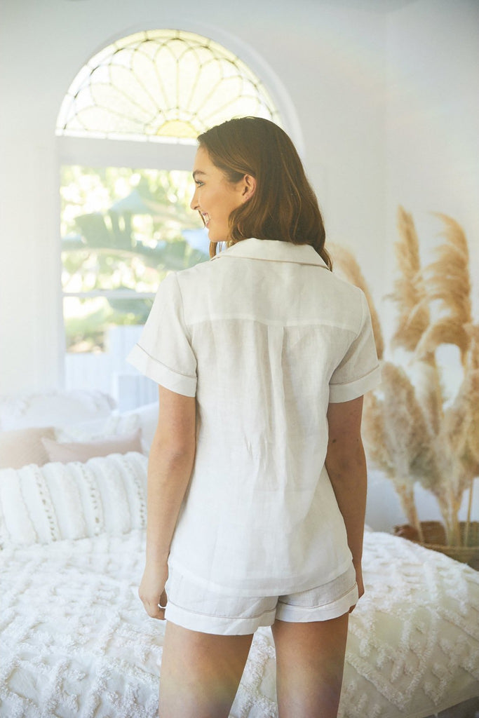 Linen Short Womens Personalised Pyjama Set White | Homebodii