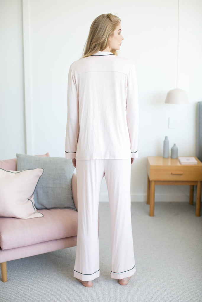 Petra Modal Womens Long Pyjama Set Blush with Black piping | Homebodii