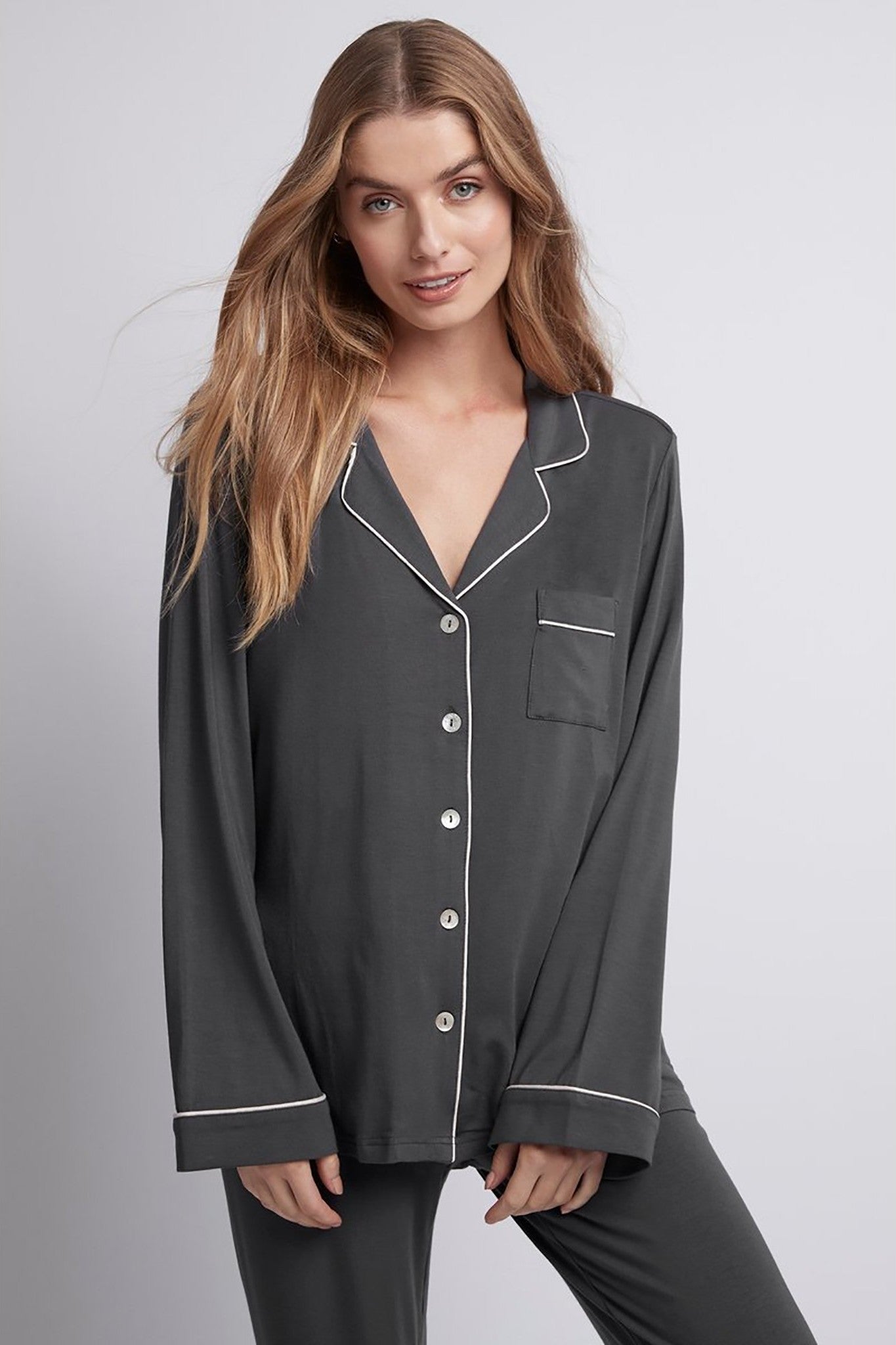 Petra Womens Tencel™ Modal Personalised Long Pyjama Set Charcoal with Blush | Homebodii