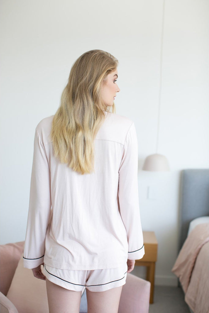 Petra Womens Tencel™ Modal Personalised Long Sleeve With Short Pyjama Set  Blush With Black Piping | Homebodii