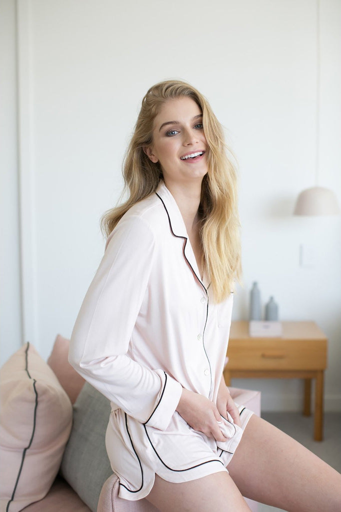 Petra Womens Tencel™ Modal Personalised Long Sleeve With Short Pyjama Set  Blush With Black Piping | Homebodii