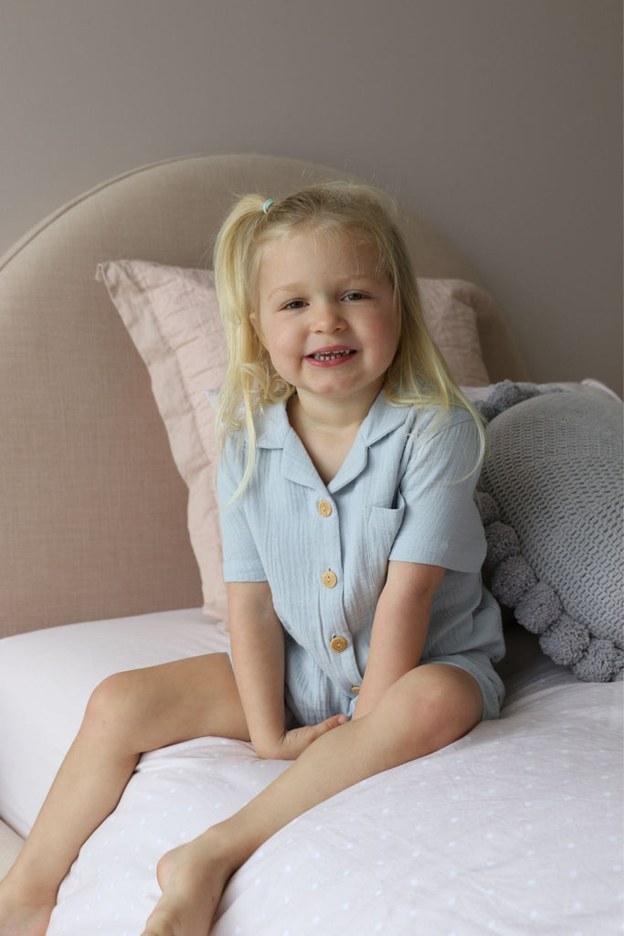 Piper Bubble Cotton Personalised Childrens  Short Pyjama Set  Eggshell Blue | Homebodii