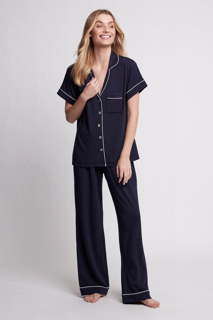 Petra Womens Tencel™ Modal Personalised Short Sleeve With Long Pant Pyjama Set  Navy With White Piping | Homebodii