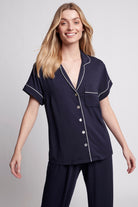 Petra Womens Tencel™ Modal Personalised Short Sleeve With Long Pant Pyjama Set  Navy With White Piping | Homebodii