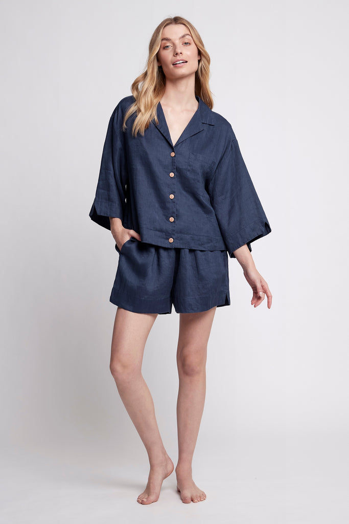 RivieraPersonalised Linen Pyjama Set Navy | Homebodii