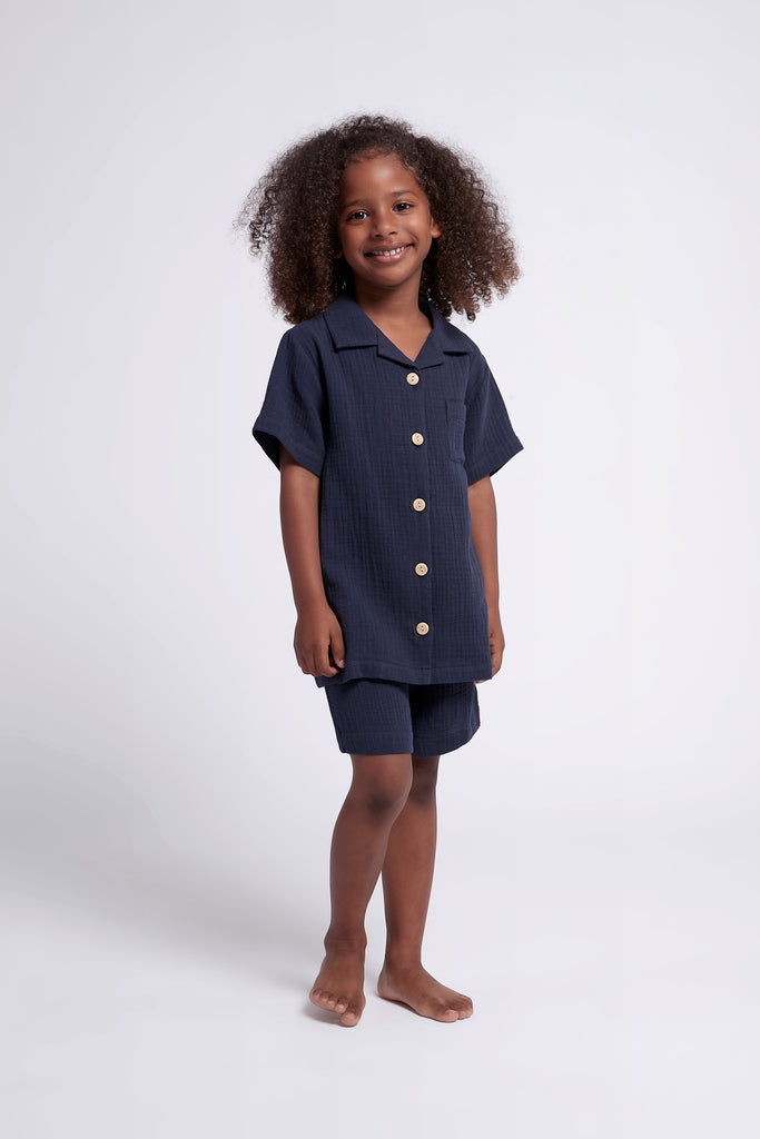 Piper Bubble Cotton Personalised Childrens  Short Pyjama Set  Navy | Homebodii