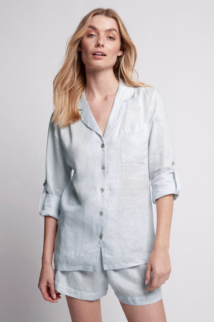 Linen Short Womens Personalised Pyjama Set Eggshell Blue With White ...