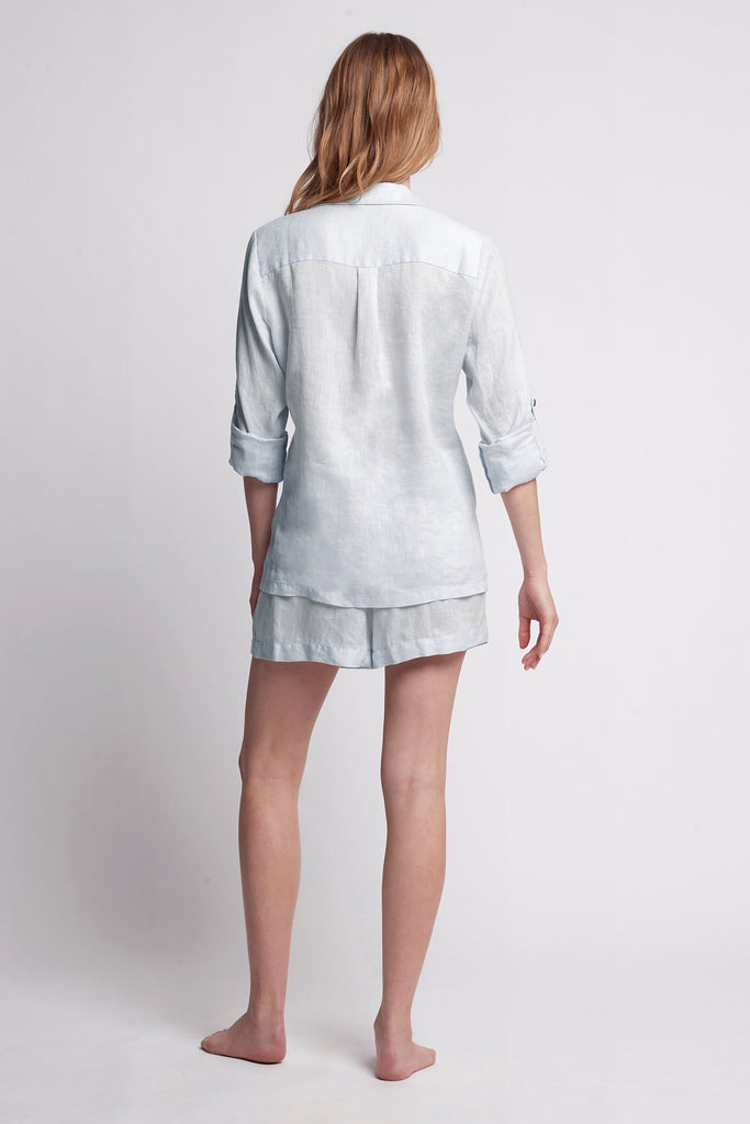 Linen Long Sleeve with Short Personalised Pyjama Set Eggshell Blue | Homebodii