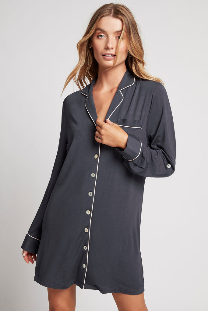 Petra Womens Tencel™ Modal  Personalised Women's Sleep Shirt Charcoal with Blush | Homebodii