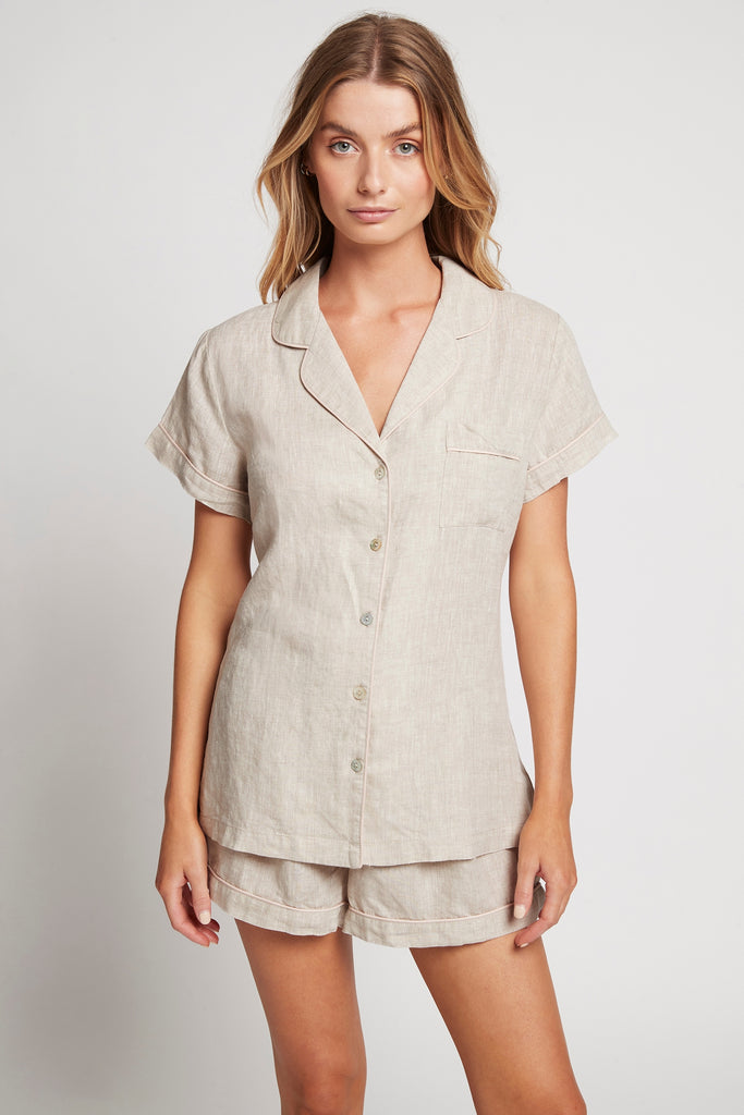 Linen Short Womens Personalised Pyjama Set Oatmeal With Blush Piping | Homebodii