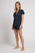 Eva Short Tencel™ Womens Personalised Pyjama Set  Navy With White Piping | Homebodii