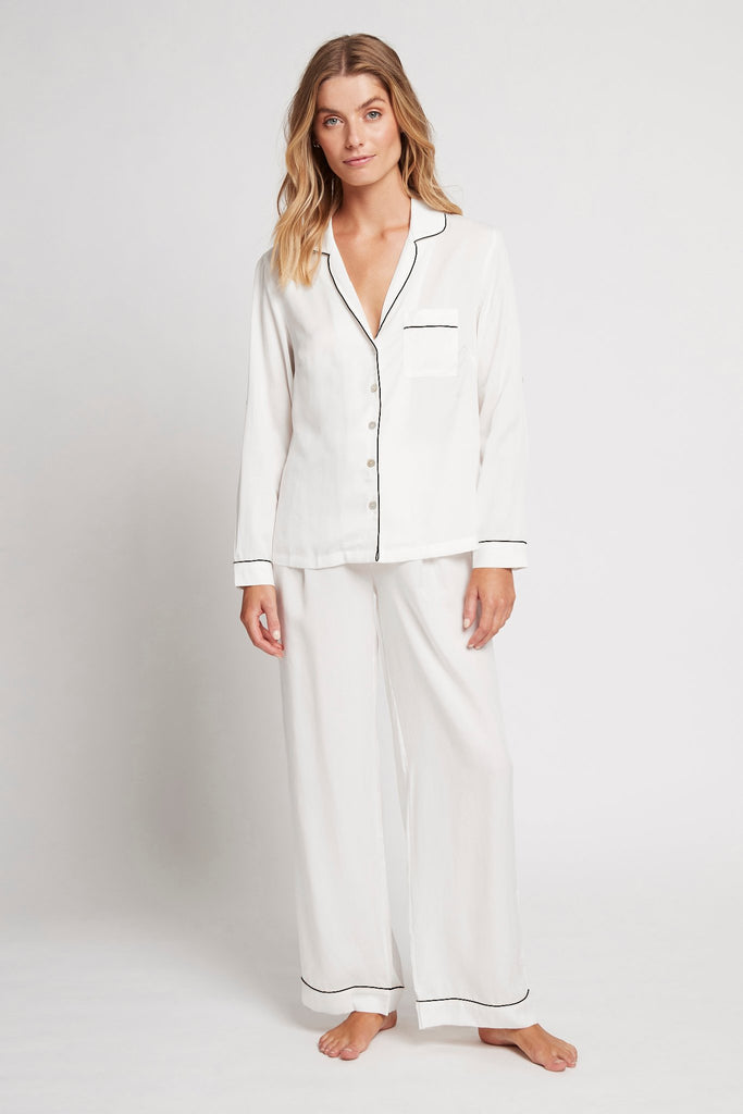 Eva Long Tencel™ Womens Personalised Pyjama Set  White With Black Piping | Homebodii