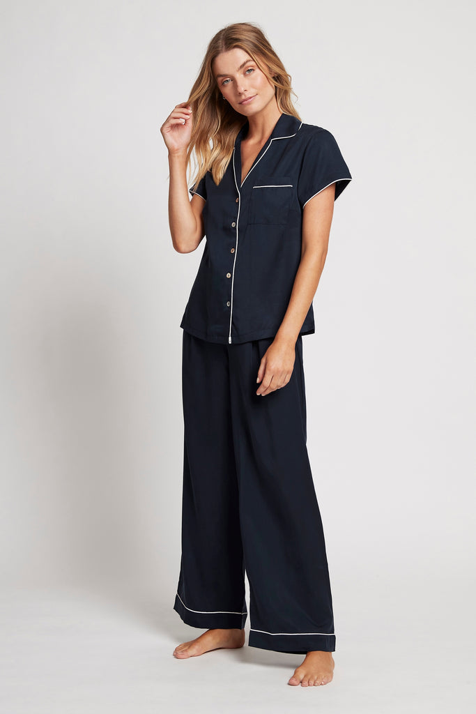Eva Short Sleeve With Long Pant Tencel™ Womens Personalised Pyjama Set  Navy With White Piping | Homebodii