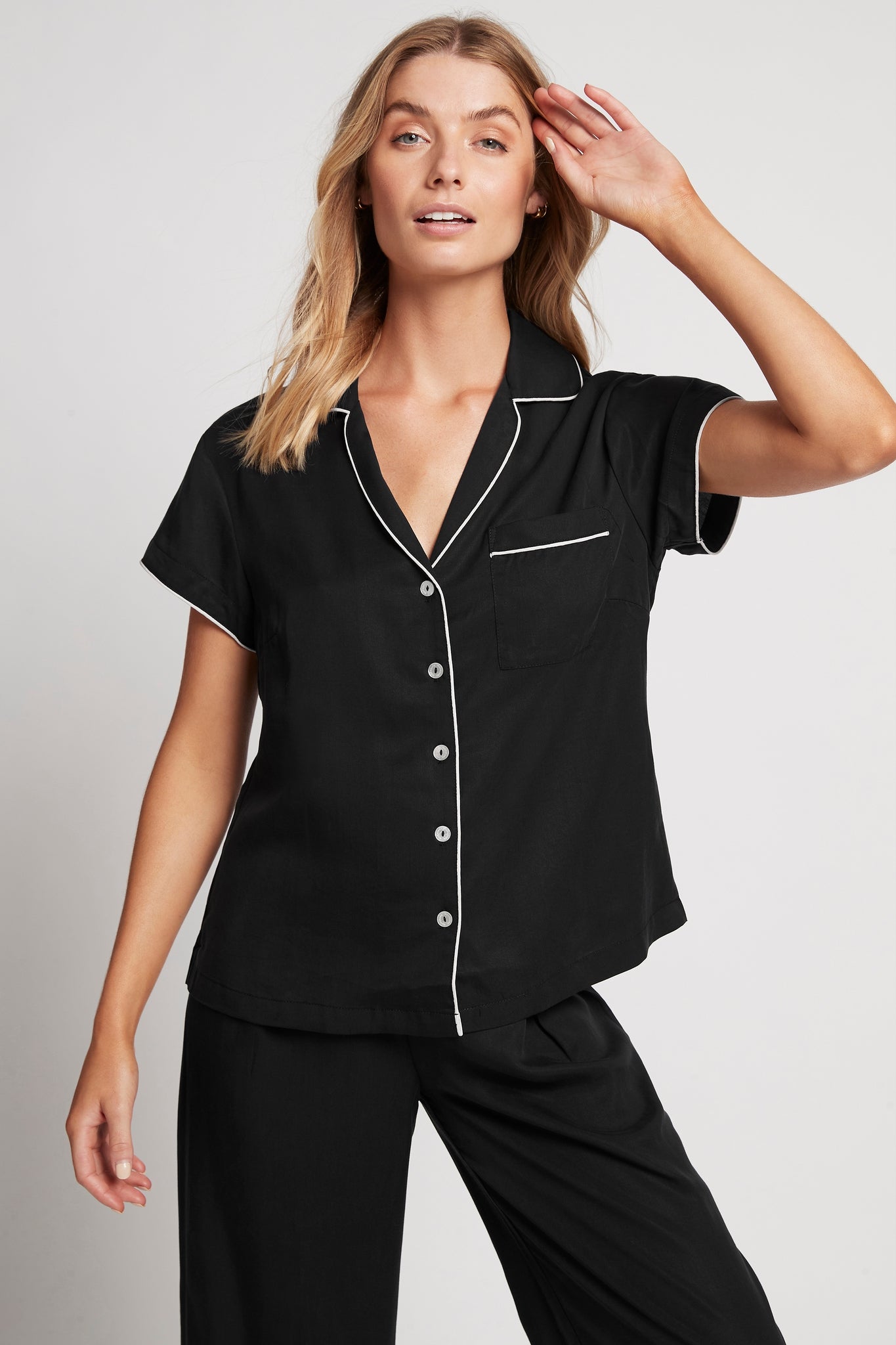Eva Short Sleeve with Long Pant Tencel™ Pyjama Set - Black with Blush Piping