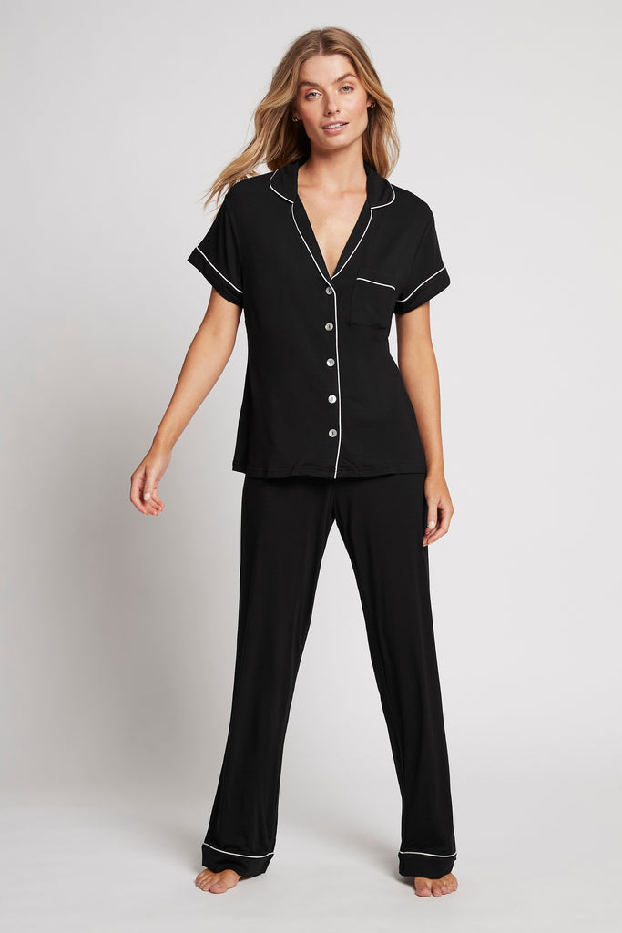 Petra Womens Tencel™ Modal Personalised Short Sleeve With Long Pant Pyjama Set  Black With Blush Piping | Homebodii