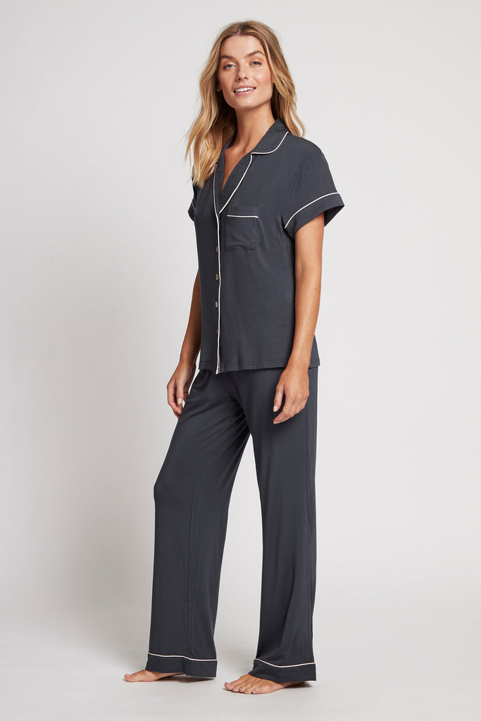 Petra Womens Tencel™ Modal Personalised Short Sleeve With Long Pant Pyjama Set  Charcoal With Blush Piping | Homebodii