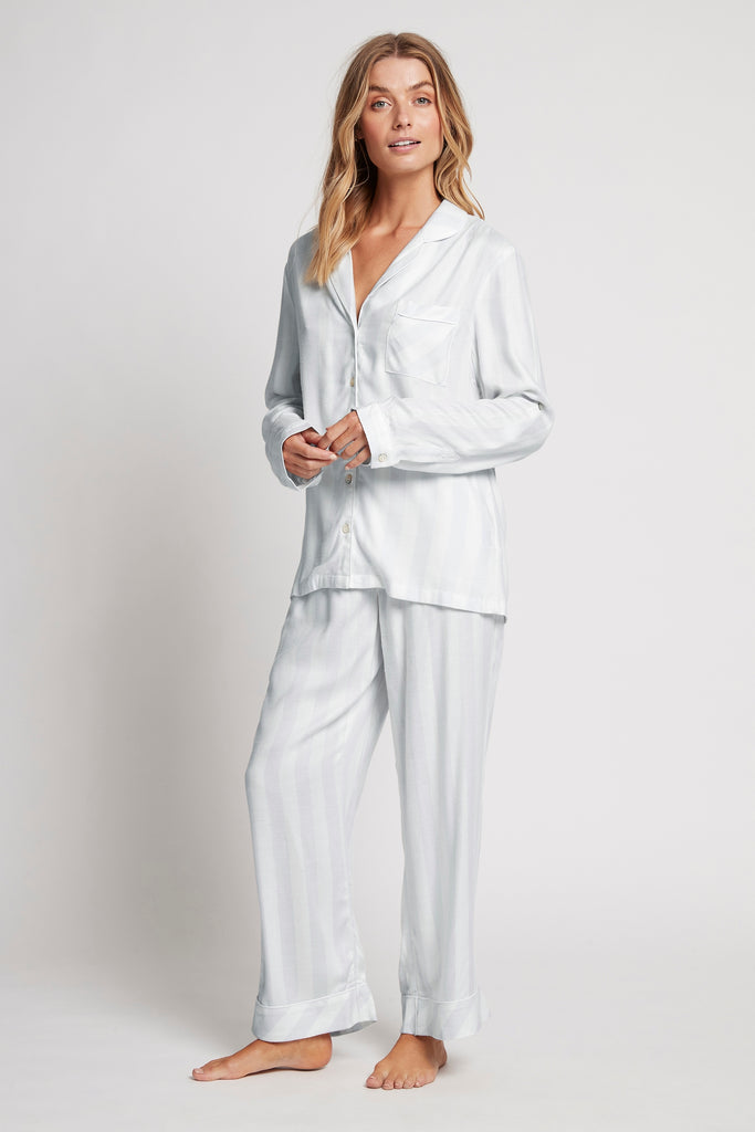 Ardelia Flannel Cosy Lounge Pyjama Set  Eggshell Blue Stripe | Homebodii